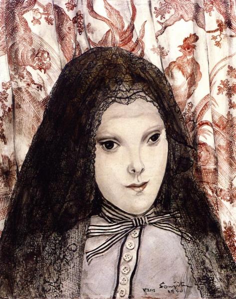 Young Woman With Mantilla And Striped Bow by Tsuguharu Foujita