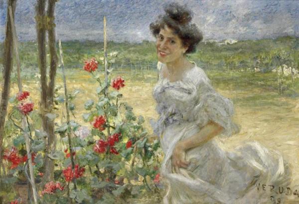 Young Woman In A Rose Garden by Umberto Veruda Oil Painting Reproductions