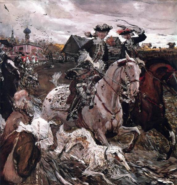 Peter Ii And Princess Elizabeth Riding To Hounds by Valentin Serov