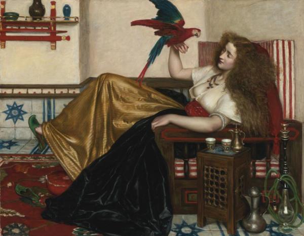 Reclining Woman With A Parrot by Valentine Cameron Prinsep