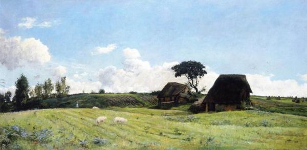 Farmhouses In A Field by Victor Binet