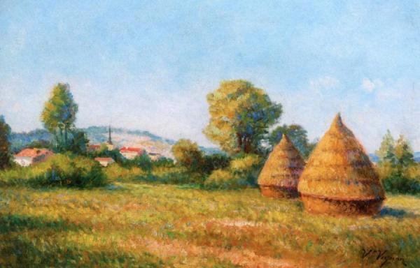 Haystacks, View Over The Village by Victor Vignon