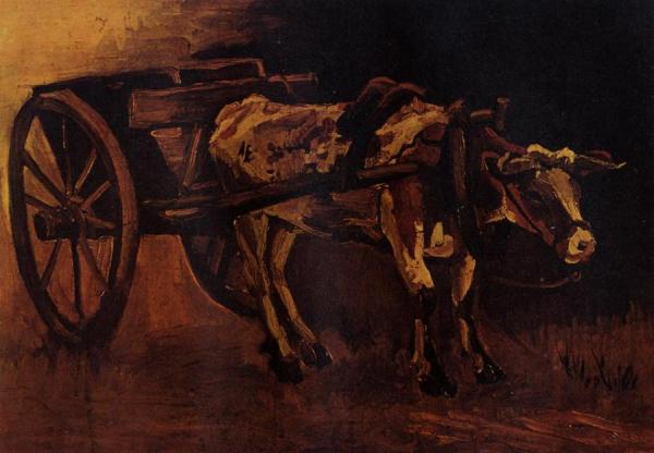 Cart With Red And White Ox by Vincent Van Gogh