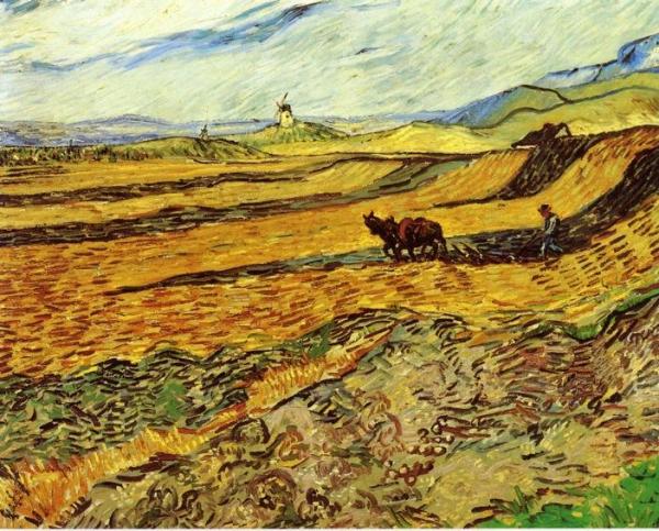 Field And Ploughman And Mill by Vincent Van Gogh