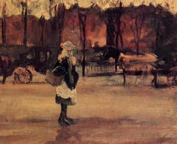 Girl In The Street, Two Coaches In The Background by Vincent Van Gogh Oil Painting Reproductions