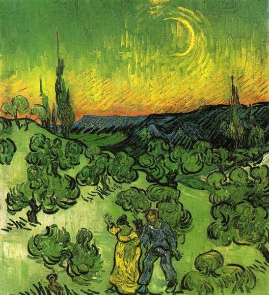 Landscape With Couple Walking And Crescent Moon by Vincent Van Gogh