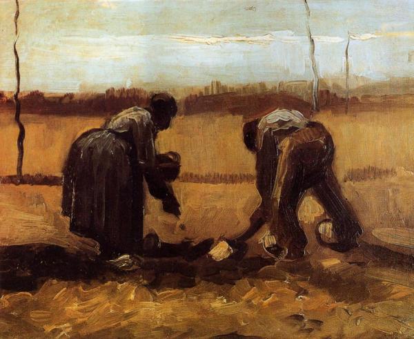 Peasant Man And Woman Planting Potatoes by Vincent Van Gogh