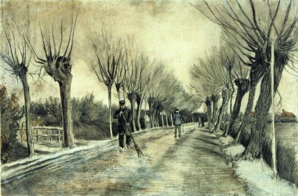 Road With Pollarded Willows And A Man With A Broom by Vincent Van Gogh
