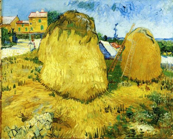 Stacks Of Wheat Near A Farmhouse by Vincent Van Gogh