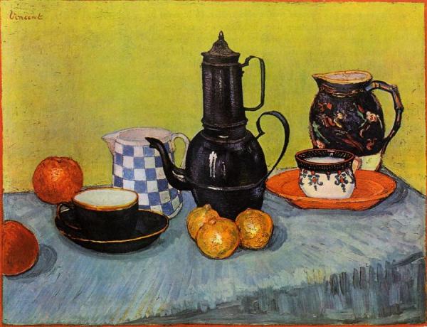Still Life: Blue Enamel Coffeepot, Earthenware And Fruit by Vincent Van Gogh
