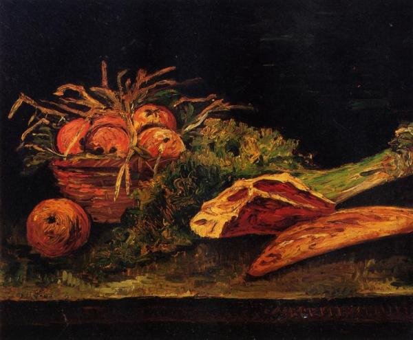 Still Life With Apples, Meat And A Roll by Vincent Van Gogh