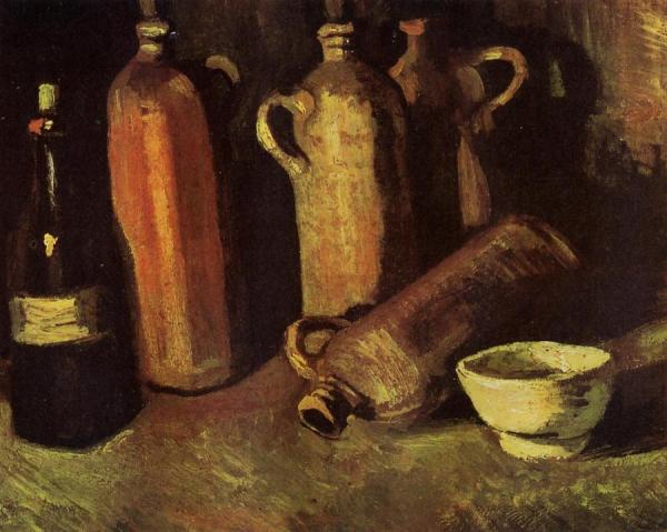 Still Life With Four Stone Bottles, Flask And White Cup by Vincent Van Gogh