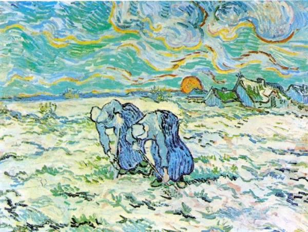 Two Peasant Women Digging In Field With Snow by Vincent Van Gogh