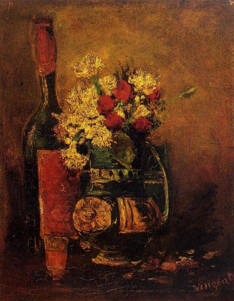 Vase With Carnations And Roses And A Bottle by Vincent Van Gogh