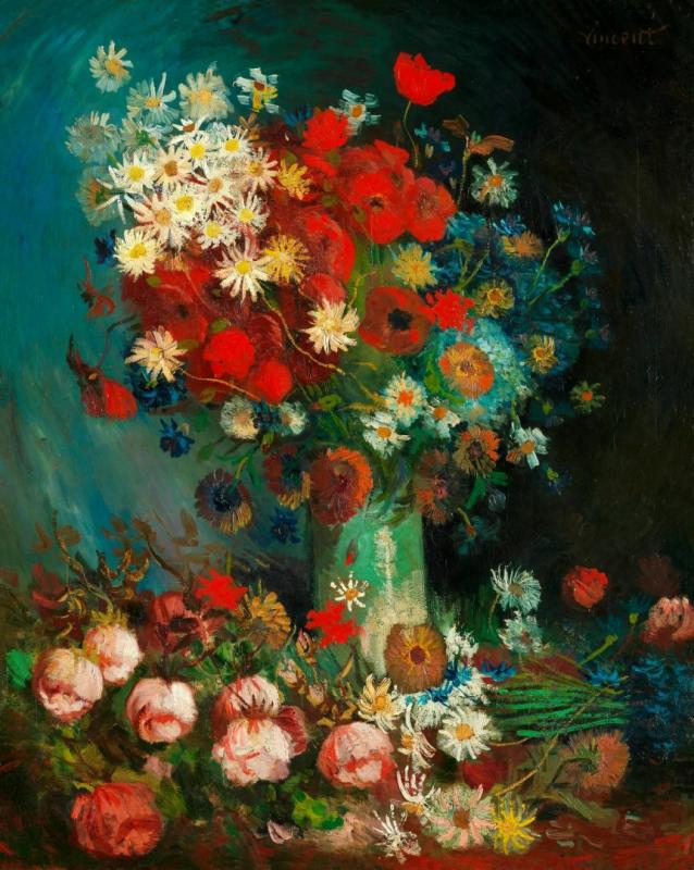 Vase With Poppies, Cornflowers, Peonies And Chrysanthemums by Vincent Van Gogh