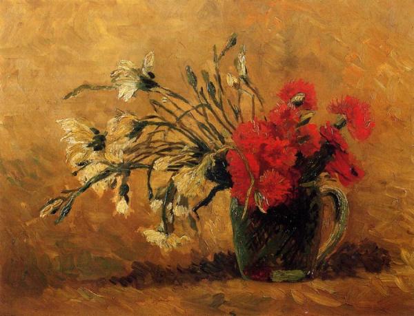 Vase With Red And White Carnations On A Yellow Background by Vincent Van Gogh
