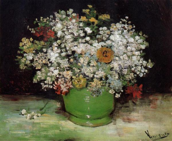 Vase With Zinnias And Other Flowers by Vincent Van Gogh