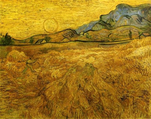 Wheat Field With Reaper And Sun by Vincent Van Gogh