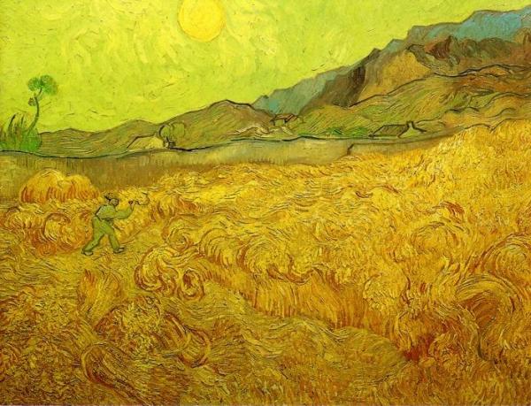 Wheat Fields With Reaper At Sunrise by Vincent Van Gogh