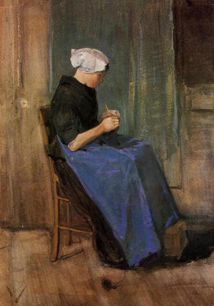 Young Scheveningen Woman Knitting by Vincent Van Gogh