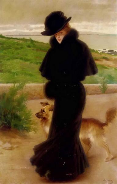 An Elegant Lady With Her Faithful Companion By The Beach by Vittorio Matteo Corcos