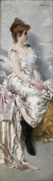 Ritratto Di Giovane Donna In Abito Binaco Con Fiori by Vittorio Matteo Corcos