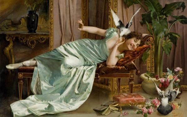 Fowl Play, Reclining Woman In A Mint Green Gown Frolicking With Doves In A Salon by Vittorio Reggianini