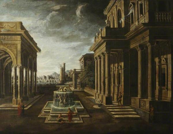 An Architectural Fantasy, With A Fountain And Figures by Viviano Codazzi