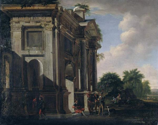 Capriccio Of A Triumphal Arch And Soldiers by Viviano Codazzi