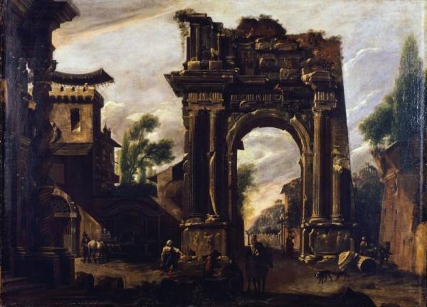 Capriccio With An Arch And Genre Scene by Viviano Codazzi