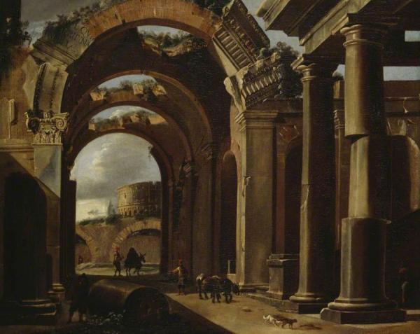 Classical Ruins With The Colosseum In The Background by Viviano Codazzi