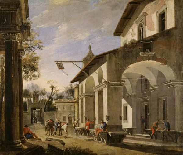 Courtyard Of An Inn With Classical Ruins by Viviano Codazzi