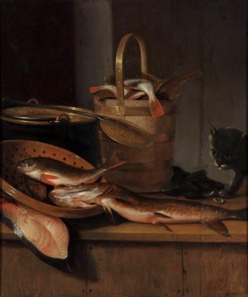 Still Life With Fish And A Cat by Wallerant Vaillant