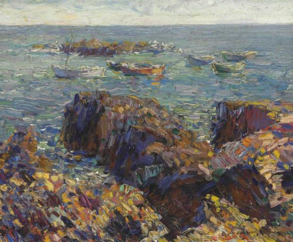 Rocky Shore With Moored Boats by Walt Kuhn