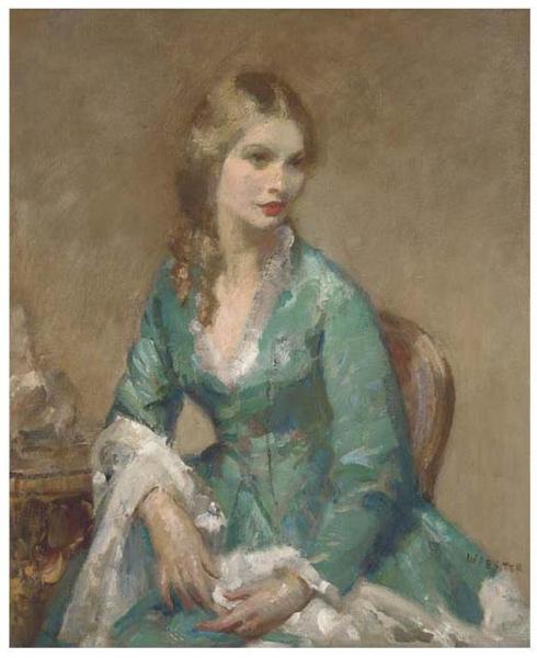 Portrait Of A Lady In A Turquoise Dress by Walter Ernest Webster
