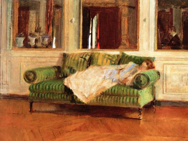Matilda Gay Reclining On A Lit De Repos (chateau De Fortoiseau) by Walter Gay