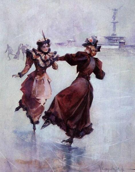 Two Ladies Ice Skating In Central Park by Walter Granville-smith