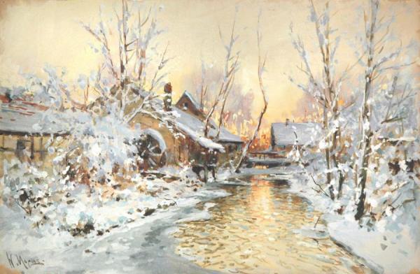 Water Mill In The Snow by Walter Moras Oil Painting Reproductions