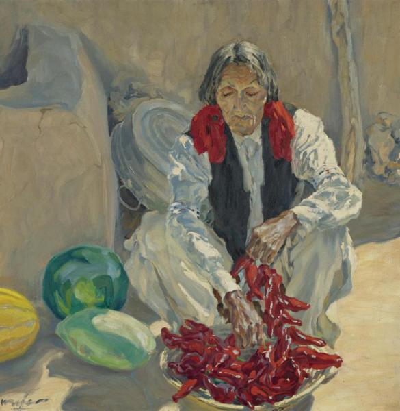 Stringing Chili Peppers by Walter Ufer Oil Painting Reproductions