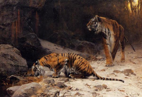 Tigers At A Drinking Pool by Wilhelm Kuhnert