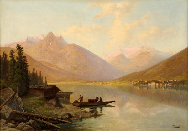 Landscape With An Alpine Lake And Village by Wilhelm Theodor Nocken