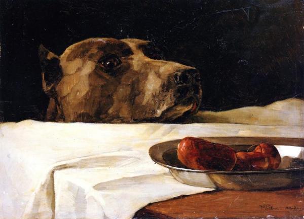 Dog With Plate Of Sausages by Wilhelm Trübner Oil Painting Reproductions