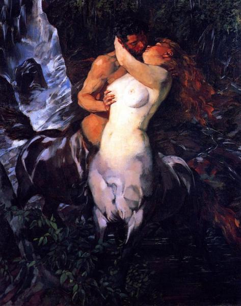 Pair Of Centaurs At A Waterfall by Wilhelm Trübner