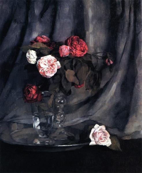 Red And White Roses by Wilhelm Trübner