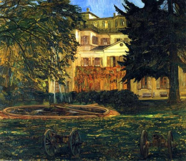 Schloss Hemsbach With Fountain And Cannon by Wilhelm Trübner