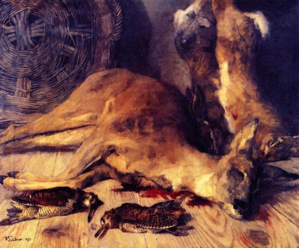 Still Life With Deer, Hare And Woodcock by Wilhelm Trübner