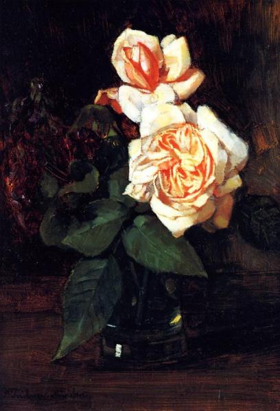 Tea Roses And Lilacs In A Glass by Wilhelm Trübner