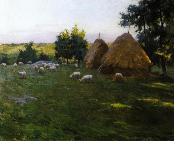 Haystacks At Sunset by Willard Leroy Metcalf