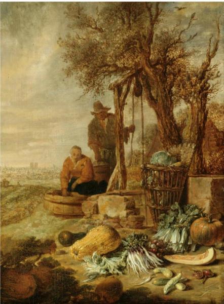 A Peasant Couple By A Well With A Distant View Of Paris by Willem Kalf