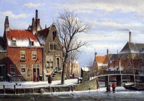 Willem Koekkoek A View In A Town In Winter With Skaters On A Frozen Canal